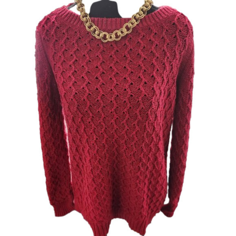 P159. Talbots Red Vine Pattern/Open Weave Cotton Sweater |M